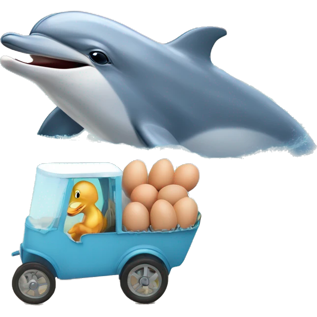 dolphin hatches an egg when dolphin takes the egg to a wagon and puts the egg in the wagon to hatch then dolphin rides along to the sea world farn to tell about a egg emoji
