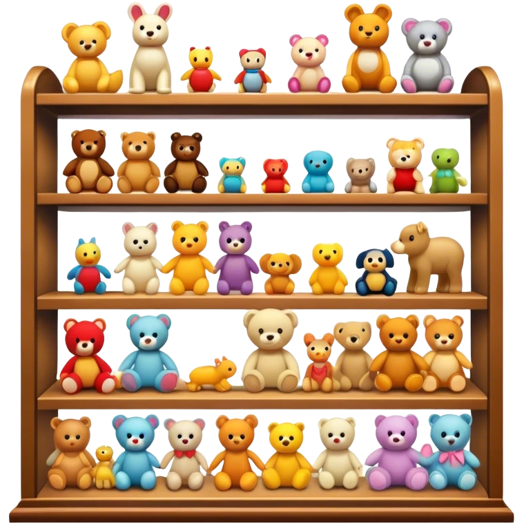 Icon for Toy Collecting: a collection of various vintage toys such as dolls, action figures and plush animals, displayed neatly on shelves or in display cases. The icon should evoke the joy and nostalgia of collecting toys. Transparent background. emoji