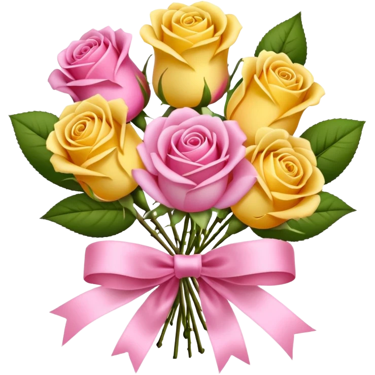 A bouquet of flowers, composed of pink and yellow roses, four blooms in total, tied with ribbon. emoji