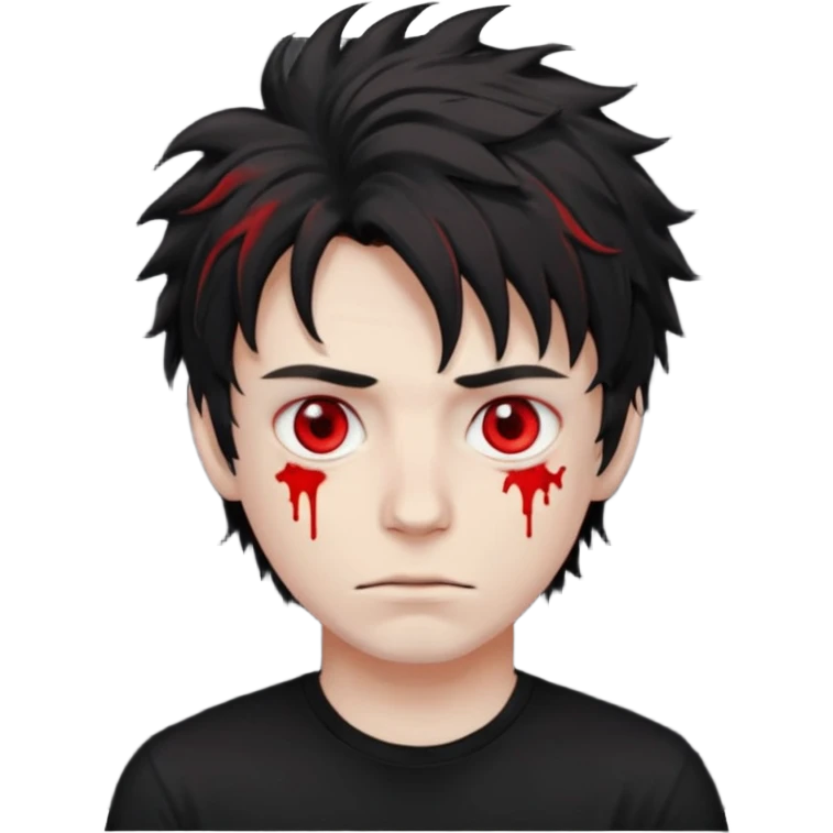 Парень с бледной кожей с красными глазами с чёрными растрепаными волосами, в черной футболке emoji