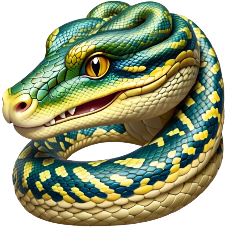 Cinematic Noble Python Portrait Emoji, Poised and regal, with a powerful, sinuous body adorned in intricate scale patterns and piercing, focused eyes, Simplified yet sharp and sophisticated features, highly detailed, glowing with a soft, earthy glow, high shine, intelligent and formidable, stylized with an air of primal elegance, focused and commanding, soft glowing outline, capturing the essence of a watchful and confident serpent that appears ready to coil out of the screen with effortless authority! emoji