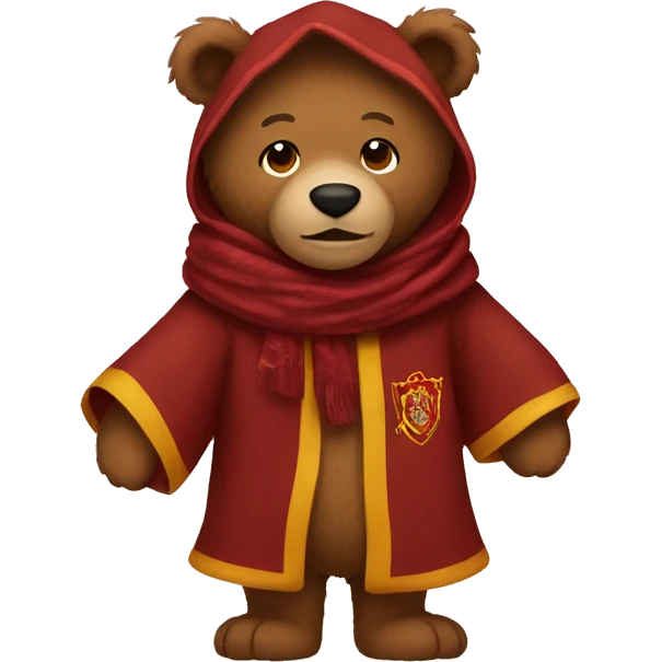 Brown stuffed animal bear wearing gryffindor robe and scarf emoji