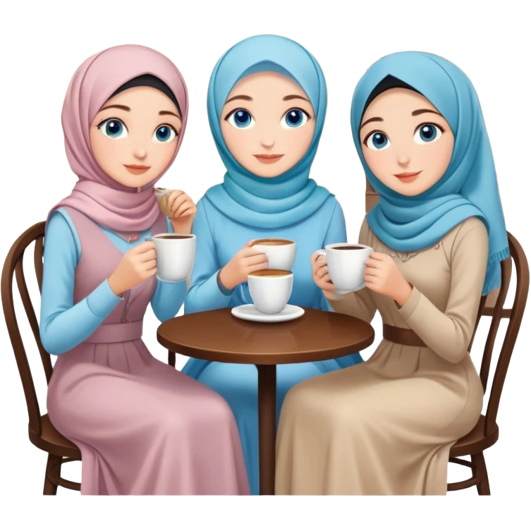 Turkish beautiful finish Konya girls blue eyes with pastel hijab long tail dress and the two friends in a coffeehouse sits on the chair on the ground and holds cup coffe with her hand  emoji