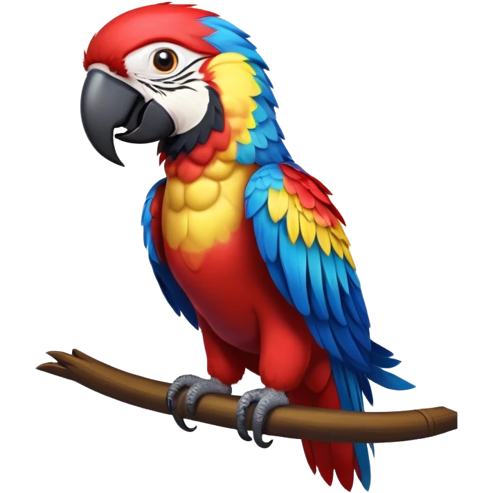 cinematic-macaw-realistic-full-body-standing-emoji,-vibrant-feathers-glowing-with-rich-reds,-blues,-and-yellows,-head-tilted-dramatically,-curved white-beak-gleaming,-piercing-dark-eyes-exuding-confidence,-simplified-yet-realistic-focused emoji