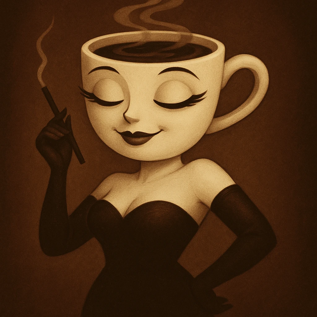 Edit the coffee cup woman character to have a dreamy expression with half-closed eyes and a soft smile. Keep the original style and character intact, only modify the eyes and mouth to reflect this expression. emoji