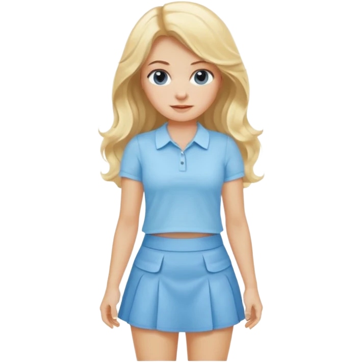 blonde woman with long wavy hair wearing baby blue mini skirt and baby blue shirt emoji