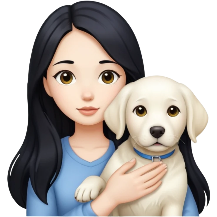A beautiful girl with long black hair and fair skin is holding a white Labrador emoji