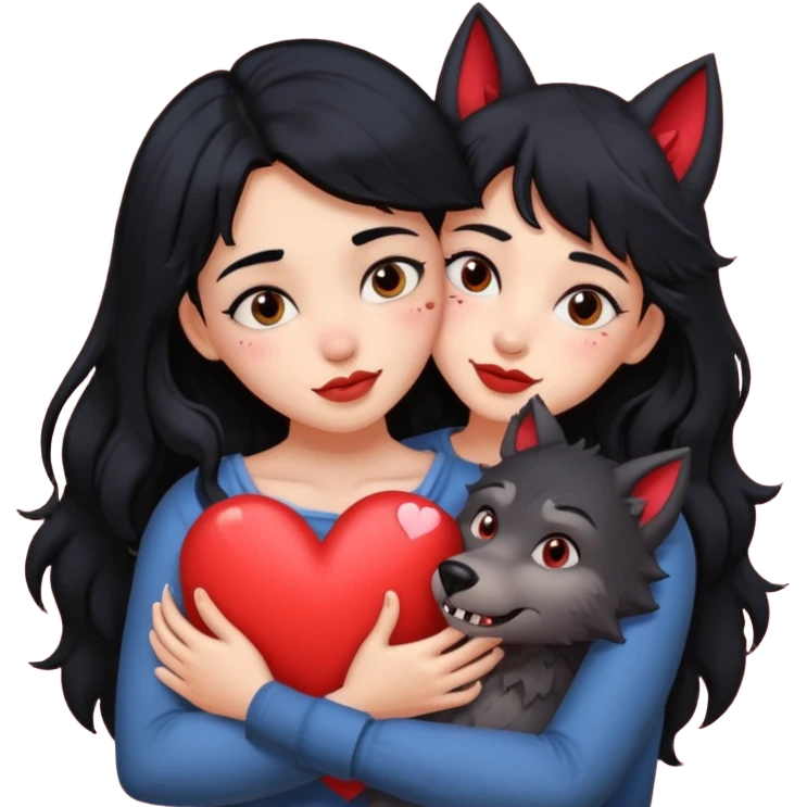 Black hair girl hugging a werewolf with hearts above them emoji