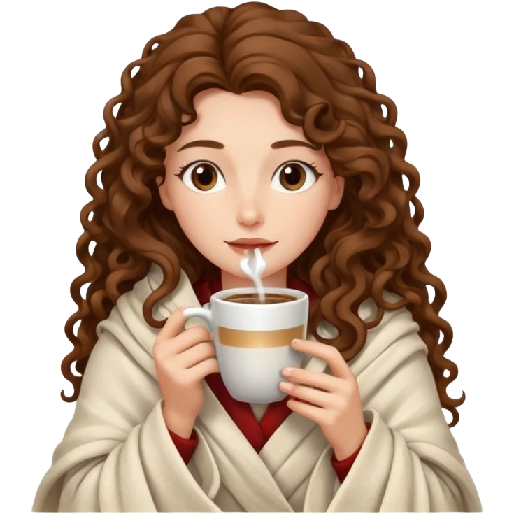 Gözleri kapalı, beyaz tenli ve uzun kıvırcık saçlı bir kadın avatar, battaniyeye sarılmış halde beyaz bir Türk kahvesi fincanından içeceğini huzurla yudumluyor. emoji