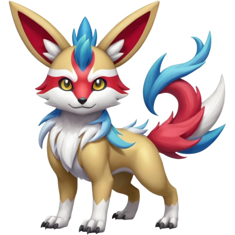Colorful Skilled Adept Graceful Asian Painted WereGarurumon-Meloetta-Renamon-Zangoose-fusion-hybrid-creature (full body) emoji