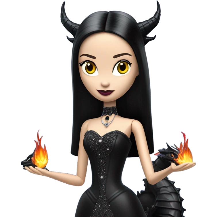 Victorian evening dressed, Teen Morticia Addams Barbie Jedi wearing a mini tiara, riding on the back of a very large black shiny evil-looking fire-spewing horned dragon emoji