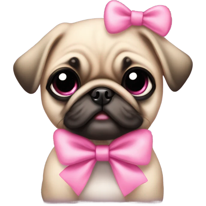 Baby pug with big pink
eyes wearing a pink bow on her head sitting in daisy's  emoji