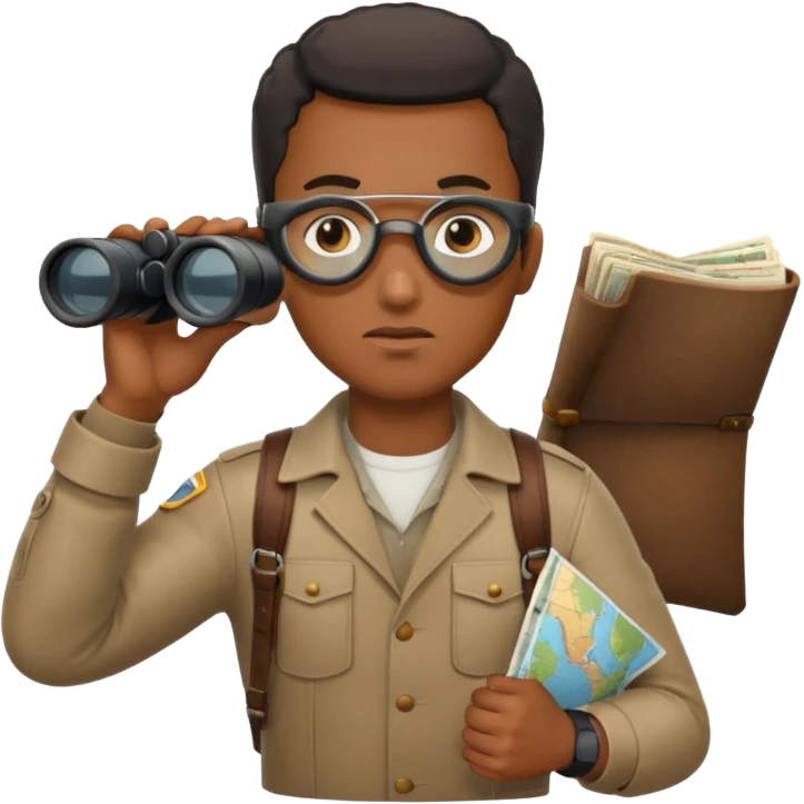 Black man binoculars with leather strap on map emoji