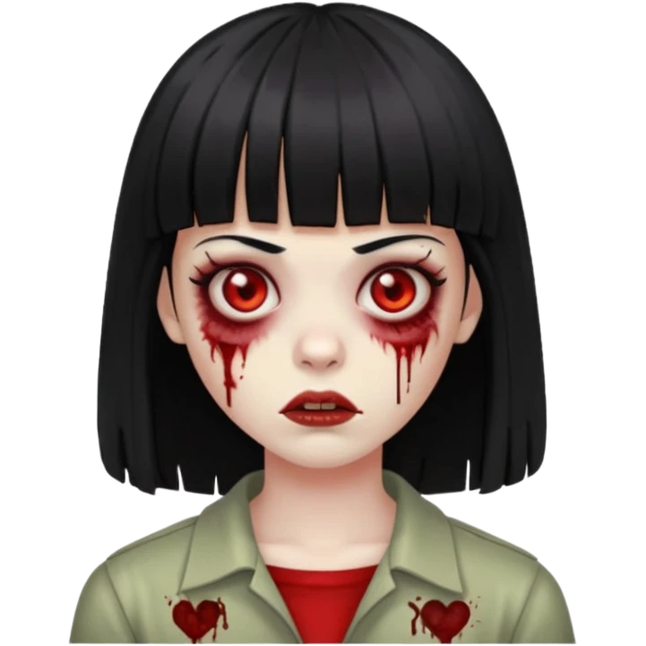 zumbie com cabelo preto e liso de franja vegana e olhos vermelho emoji