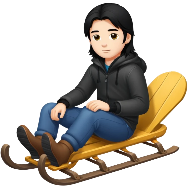 Boy with black long hair sitting on a sled emoji