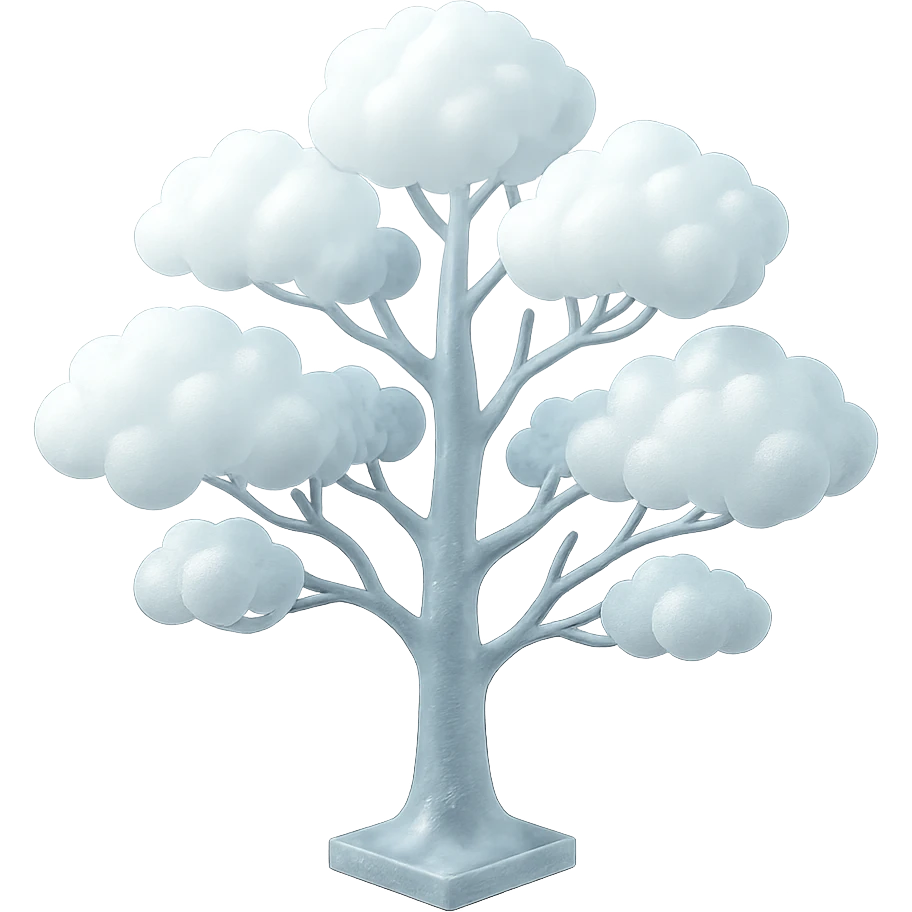 one tree with many branches and a white trunk, crown made of small very bright white fluffy convex clouds, matte glass style emoji