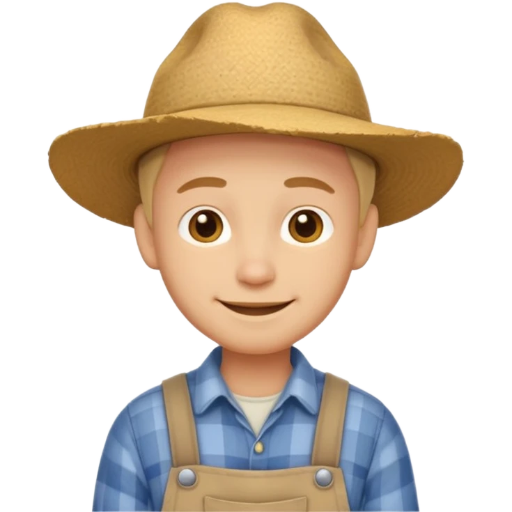 A calm, friendly male cartoon character with light skin, simple farm clothes, warm smile, stylized as a cute, readable emoji icon with soft earthy color emoji