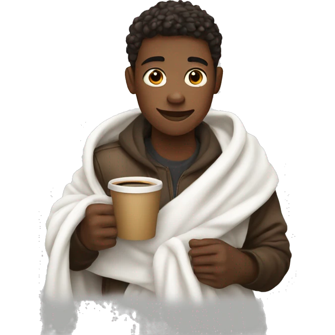 boy with a white blanket and coffee in hands   emoji