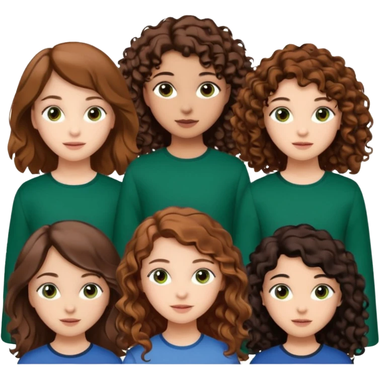 first girl with light brown hair and brown eyes, second girl with light brown hair and green eyes,third girl with brown and curly hair and brown eyes, fourth girl with dark brown hair and brown eyes, fifth girl with black hair and brown eyes,sixth girl with brown hair and brown eyes  emoji