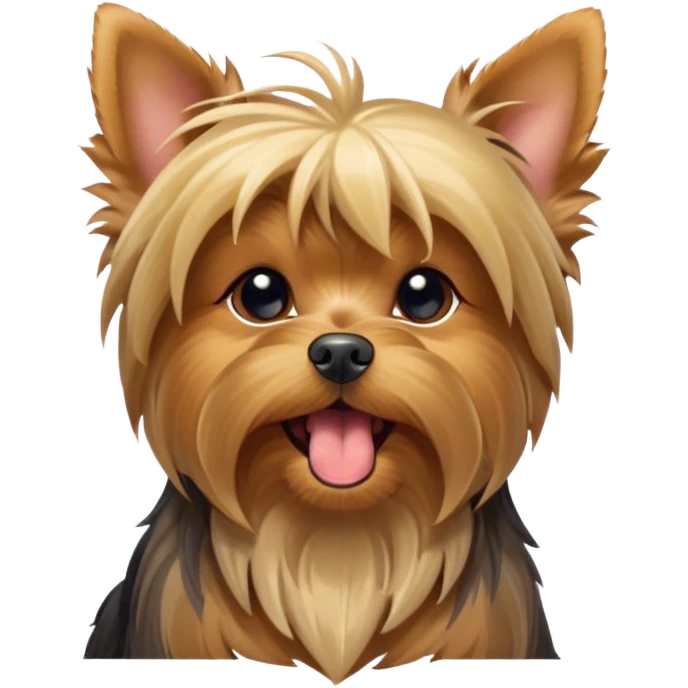 Cinematic Cute Yawning Yorkshire Terrier Portrait Emoji, Head tilted with a playful, drowsy expression and droopy, adorable eyes, featuring a soft, well-groomed fur in rich hues, simplified yet irresistibly endearing, highly detailed, glowing with a warm, cozy radiance, high shine, exuding a relaxed yet spunky charm, styled with a gentle, soft glowing outline, capturing the essence of a Yorkshire Terrier mid-yawn that seems as if it could cuddle right off the screen! emoji