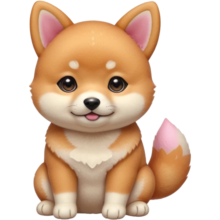 3 month old Shiba Inu puppy emoji, chubby cheeks, pink blush, sparkly eyes, tiny triangle ears, sitting pose, kawaii style, thick outline, soft shadow, transparent background, PNG sticker, high resolution emoji
