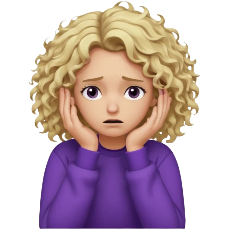 Emoji-style illustration of a frustrated young woman, messy curly tousled blonde hair, wearing a purple sweater, holding her face in her hands, expressing annoyance and disappointment, cartoonish, expressive, simple lines, flat colors, clear silhouette,  emoji