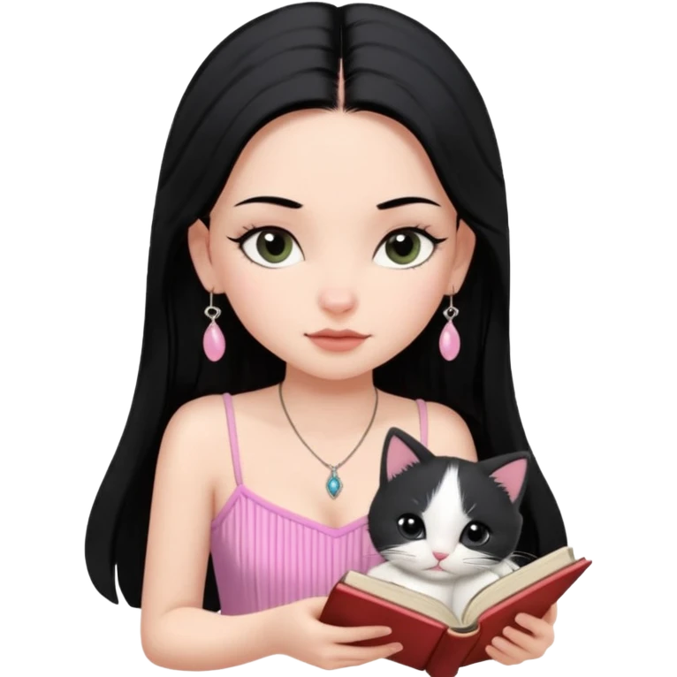 Menina branca ,cabelos cor preta longos, olhos cor preta puxados para cima. Cílios longos, lábios grossos ,nariz pequeno ,vestido rosa claro de alça. Colar e brinco bem pequeno. Lendo um livro com gatinho preto e branco. emoji