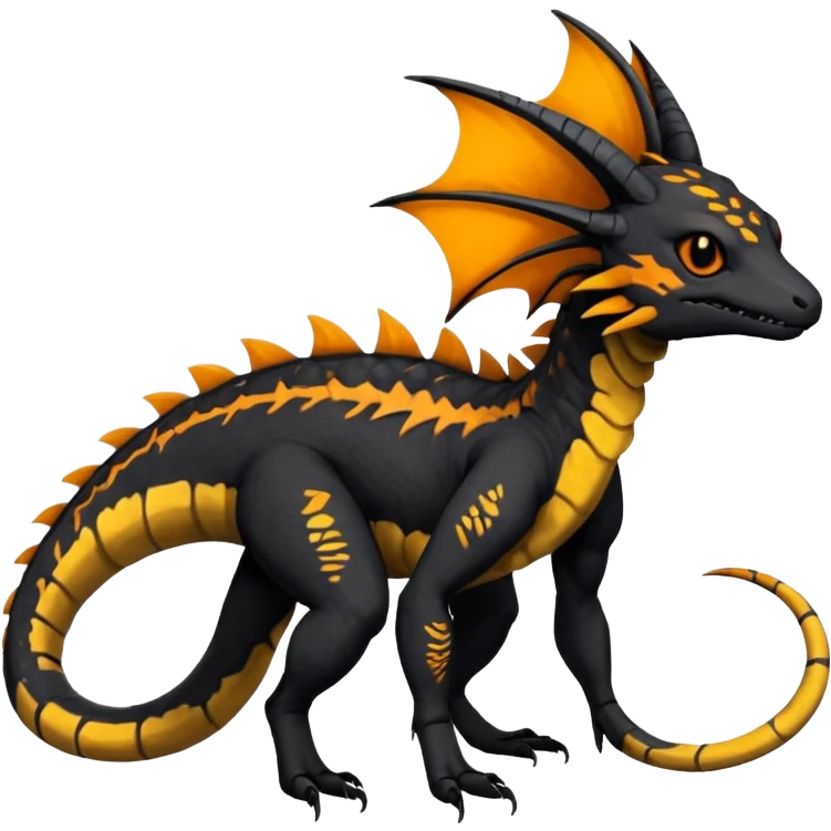 Rare realistic exotic edgy dark gothic gloomy spooky black and orange/yellow epic pretty beautiful handsome gorgeous aesthetic colorful vibrant Vernid-Trico-species-Fakemon-Salandit-hybrid-creature by LiLaiRa, 4 legs, 1 tail, random markings, (full body) emoji