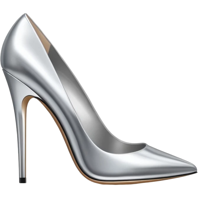 A pair of high heel shoes emoji made of polished silver chrome, elegant sharp silhouette, smooth metallic surface, glossy reflections, luxury sexy vibe, minimalistic iOS emoji style, centered, clean white background emoji