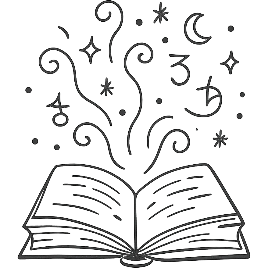 Открытая магическая книга в стиле дудлинг. Из её страниц вылетают завитки магии, звёздочки, луны, искры и таинственные символы. emoji