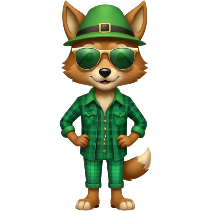 full-body friendly anthropomorphised wolf in green plaid shirt and green attire for St. Patrick's Day, wearing dark sunglasses, festive pose emoji