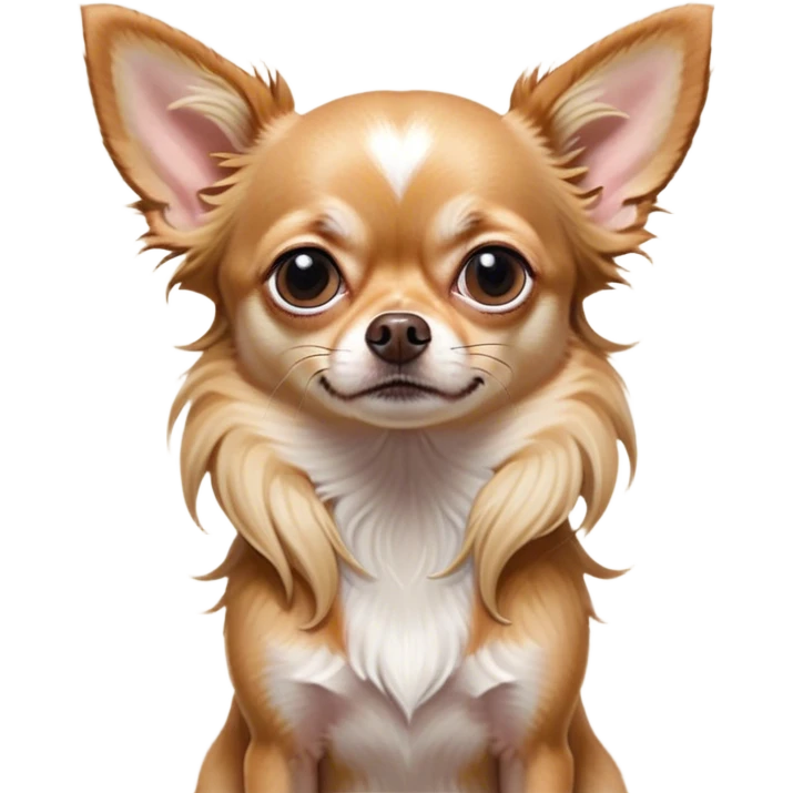 Cinematic Meme-Worthy Grumpy Long Haired Fawn Chihuahua Portrait Emoji, Head held high but eyes filled with dramatic disappointment, smooth long fawn hair cascading elegantly, deeply furrowed brow forming an unmistakable scowl, floppy ears slightly angled back in disapproval, piercing dark eyes glaring with pure exasperation, Simplified yet hilariously over-exaggerated features, highly detailed, glowing with an aura of supreme annoyance, high shine, exhausted yet judgmental, stylized with an almost regal pettiness, bright but brooding, soft glowing outline, capturing the essence of a companion that has seen it all and is thoroughly unimpressed, so meme-worthy it feels like it could instantly become the next viral sensation of grumpiness! emoji
