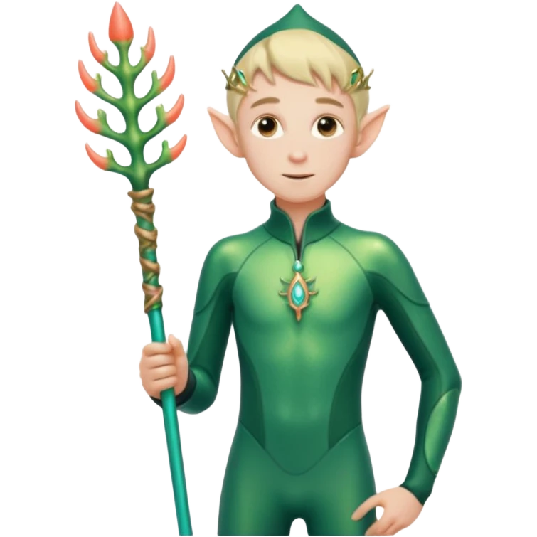 male elf in iridescent wetsuit, coral staff. Gills on neck emoji