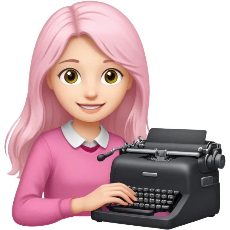 smiling white long brunette hair girl with hazel eyes wearing pink typing on a typewriter emoji