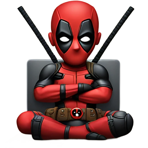 Cute Deadpool sitting at a desk, front view laptop emoji