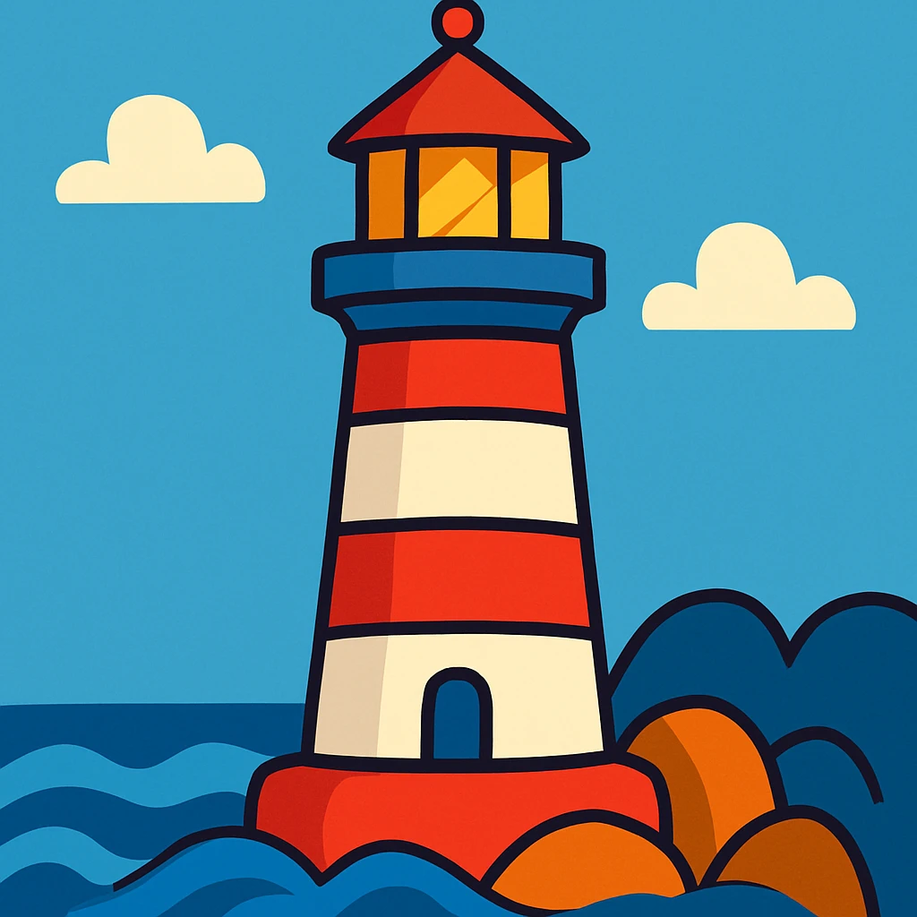 a lighthouse in a vibrant cartoon style, bold colors, playful look emoji