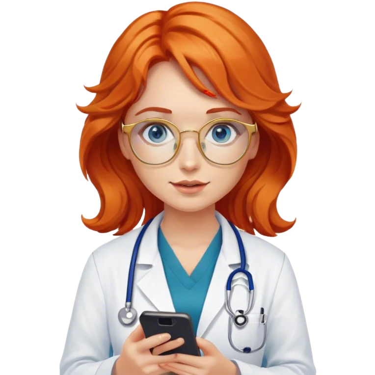 Girl doctor wavy orange red hair blue eyes in gold glasses and phone  emoji