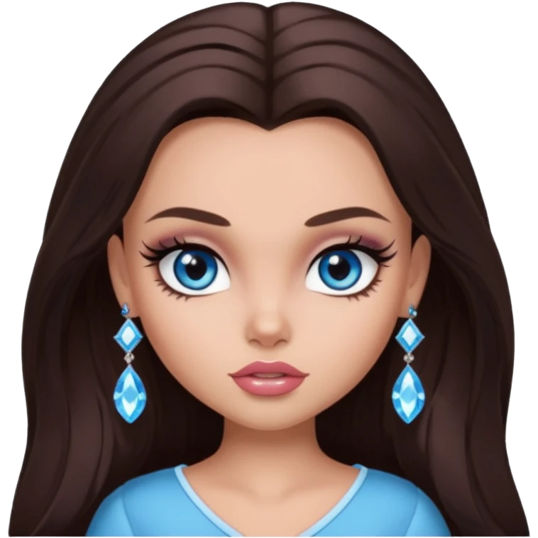 pretty bratz baddie,, pretty crystal blue eyes long darkbrown hair, pretty makeup, long lashes, NO EARRING emoji