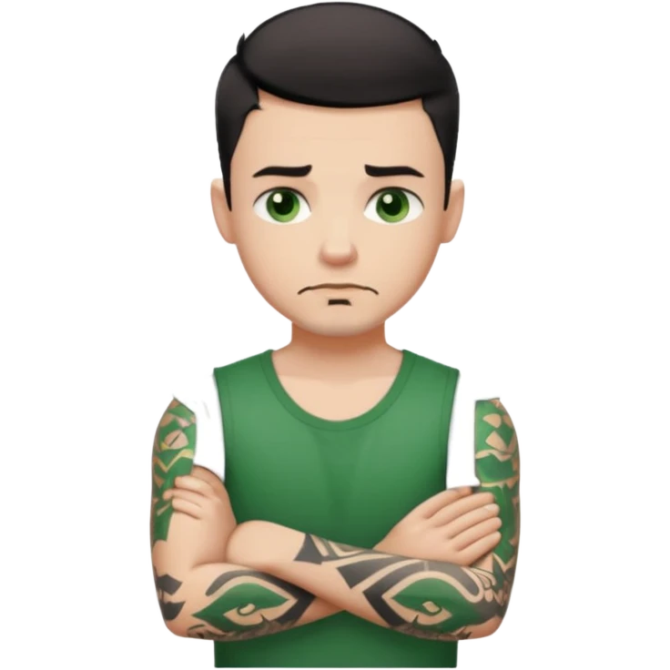 White young man with short black taper fade hair cut and slight goatee and neutral expression with his arms folded. Green eyes and arm tattoos emoji