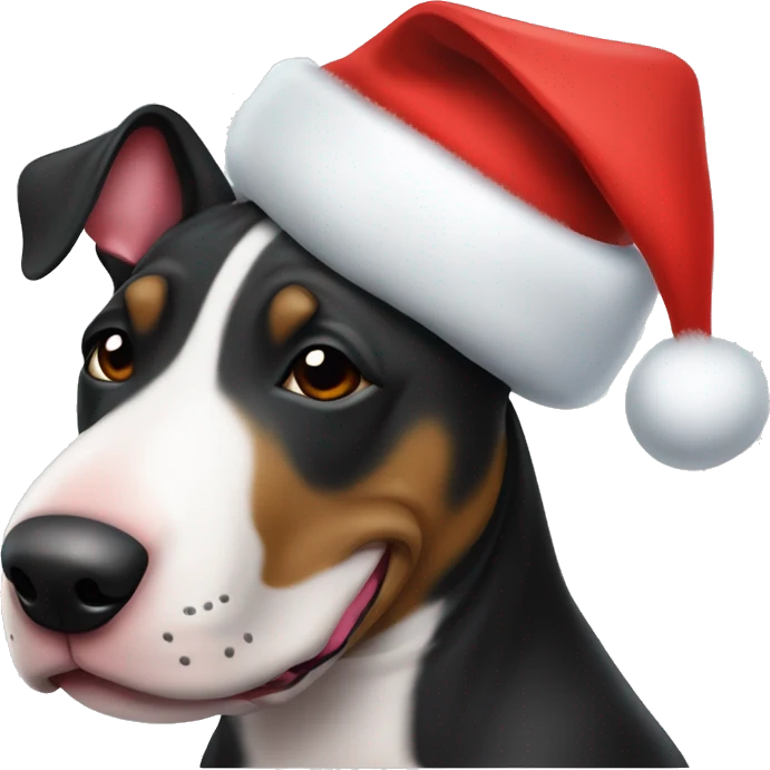 Black and brindle bull terrier wearing a Christmas hat emoji