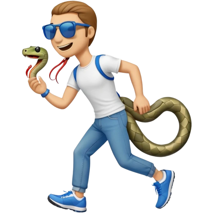 friendly anthropomorphised snake in jeans and a t-shirt, wearing dark sunglasses, jogging upright in relaxed pose emoji