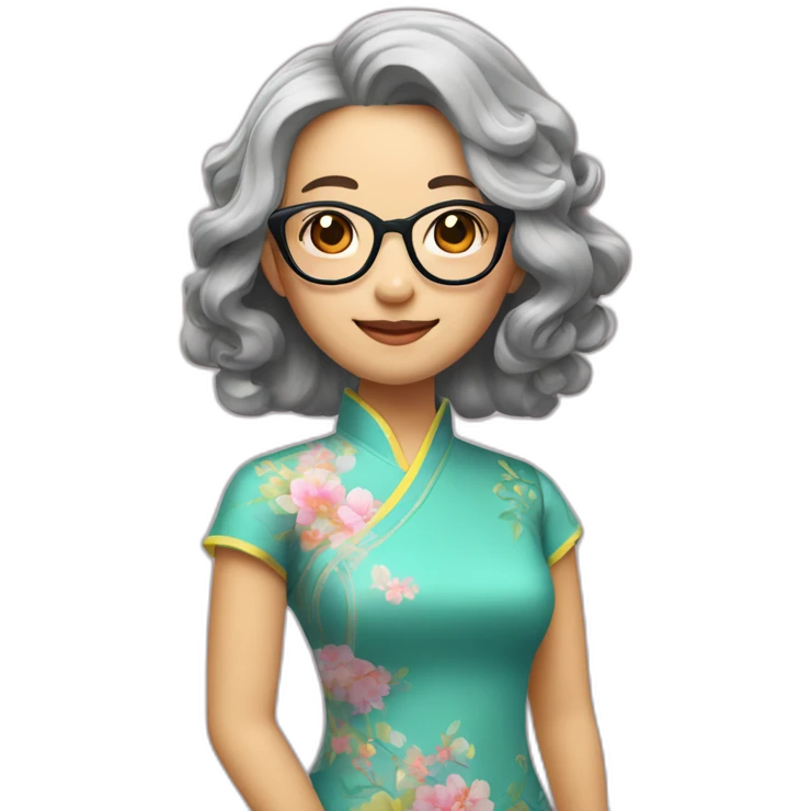 Chinese lady with like Lai gray hair wavy hair to the shoulder length where Chinese dress colourful dress wear glasses emoji