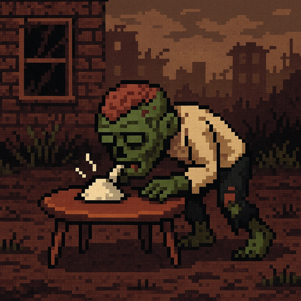 A zombie sniffing white powder with a background in the style of a pixel art emoji