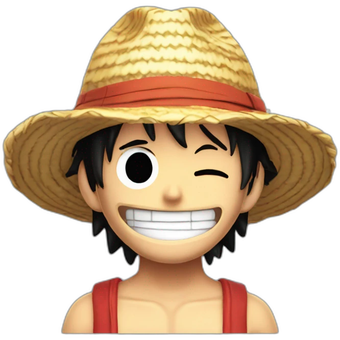 Luffy with his straw hat and his scar at the bottom of the right eye smiling with closed eyes emoji