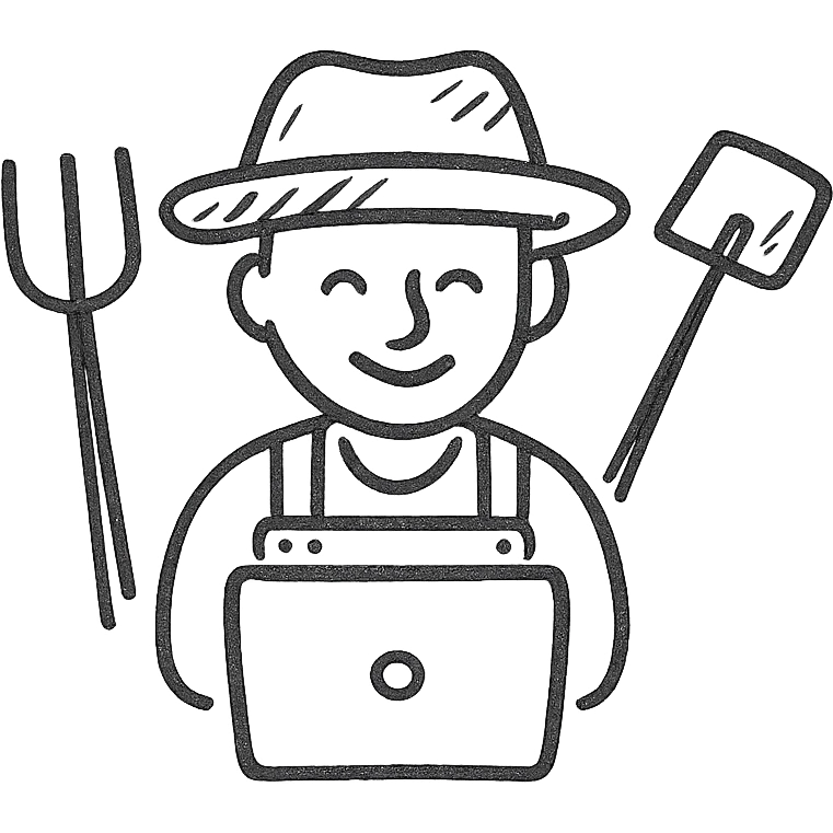 a farmer with a straw hat, surrounded by farm tools, happily looking at a computer screen, hand-drawn style emoji