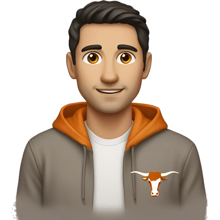 Man with dark hair, pale skin, orange Texas Longhorns hoodie emoji