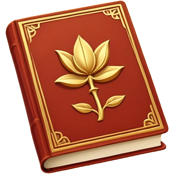 Un libro de cuero rojo terracota, con textura envejecida y bordes dorados desgastados. En la portada, un loto dorado en relieve, irradiando una aura cálida de sabiduría y transformación emoji