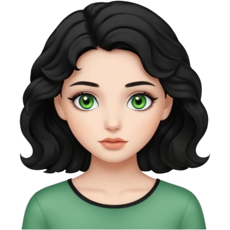 a girl with green eyes, black wavy hair, clean girl makeup emoji