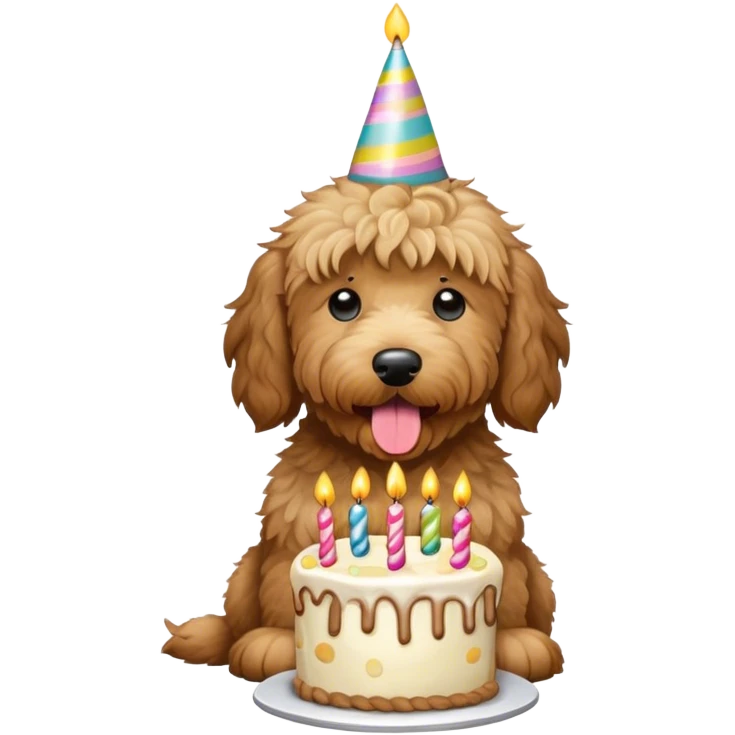 Shaggy large Goldendoodle eating birthday cake  emoji