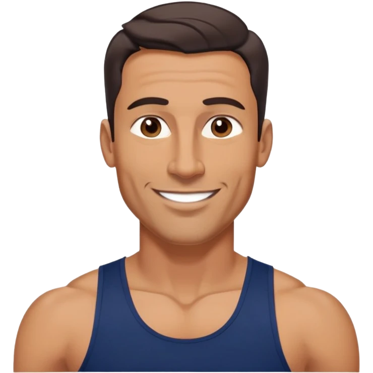 Athletic 40-year-old man with tanned light brown skin. Elongated face with defined jawline. Confident smile. Medium dark eyes, arched eyebrows. Straight nose. Wavy dark hair in a modern cut. Wearing a navy blue tank top showing fit physique. emoji